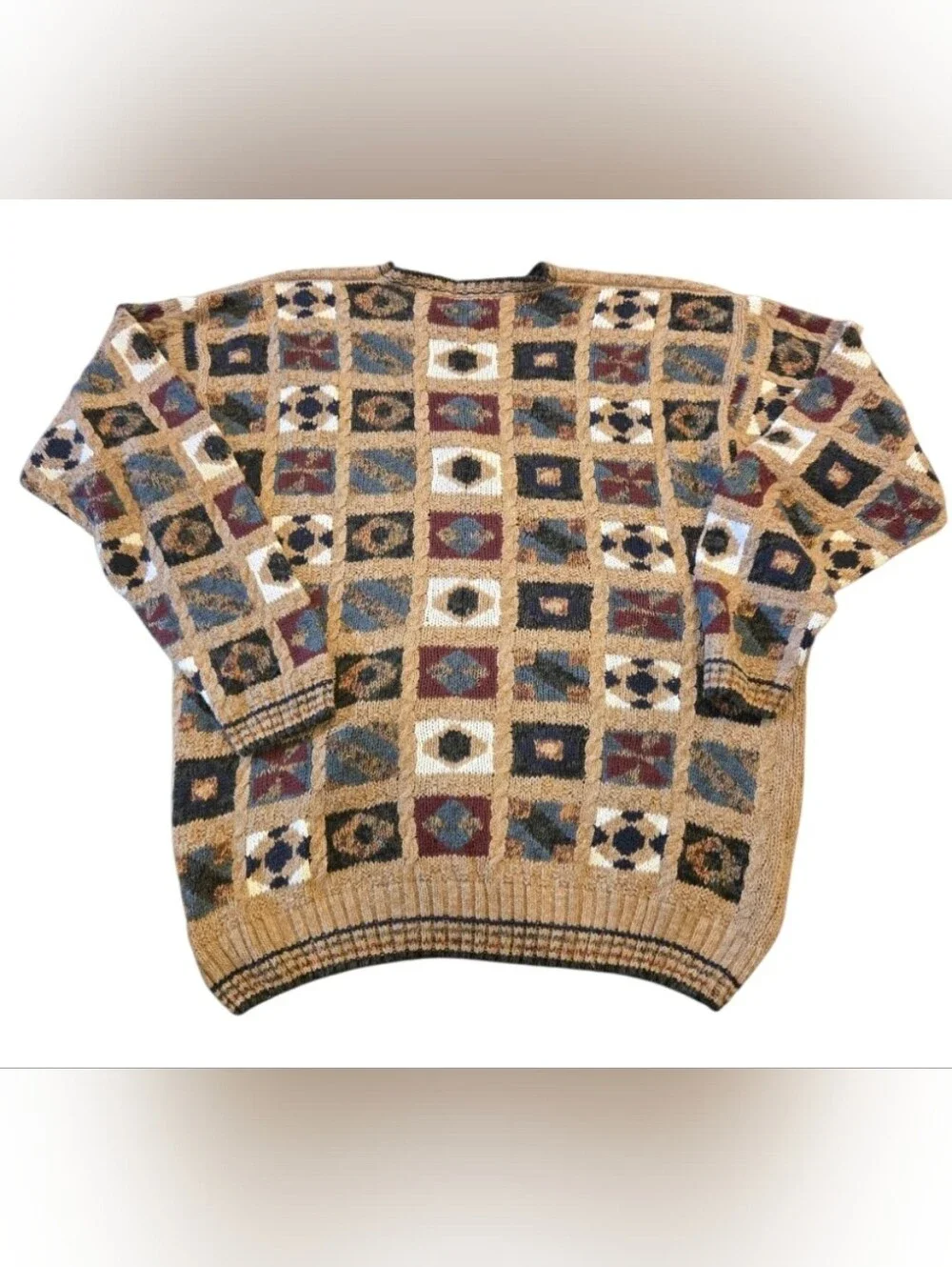 Bachrach Men’s Crewneck Sweater – Tan Multi Geometric XL
